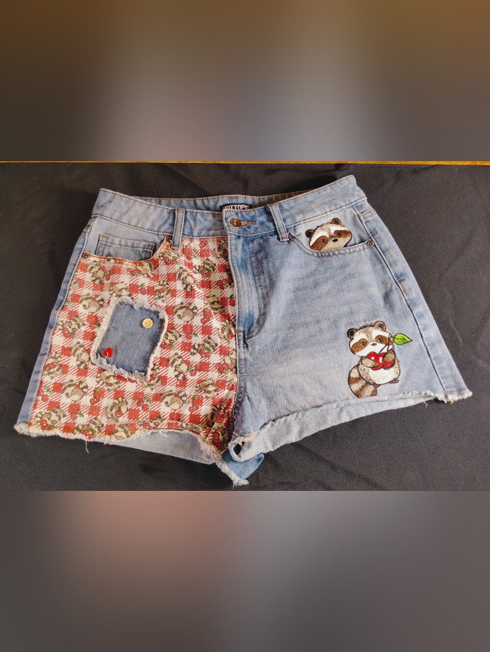 Hot Topic Light Blue Denim Shorts with Red Plaid Patch & Raccoon Embroidery